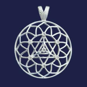 Healing jewellery sacred geometry pendant. Silver and rose quartz. Vibralite unique design
